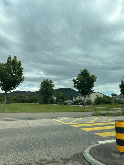 The image displays an outdoor scene on a cloudy day, featuring a street, green spaces, residential buildings, and distant mountains.

In the foreground, on the right, is an asphalt road with distinct yellow markings. These markings consist of parallel yellow lines forming a geometric pattern, likely indicating a no-parking zone or specific road area. A black and yellow striped bollard or barrier is partially visible in the upper right corner, adjacent to the road. A concrete curb separates the road from a pedestrian pathway and a strip of manicured green grass.

The midground features a wide expanse of green grass with several mature trees sporting lush green foliage. Behind the trees and grass, several residential houses are visible, characterized by light-colored facades and dark roofs. A small yellow sign, possibly bearing the faint letters "CH," is located near one of the houses. A parked car can be seen in front of one of the residences.

In the background, rolling hills or mountains covered with dense trees rise against the horizon. The sky above is heavily overcast with a uniform layer of grey clouds, suggesting an overall cloudy or perhaps pre-stormy weather condition.

The scene depicts a quiet, residential or semi-rural environment, consistent with the provided location context of Zurzach, Switzerland. No people or specific activities are visible, presenting a static landscape view during daylight hours.