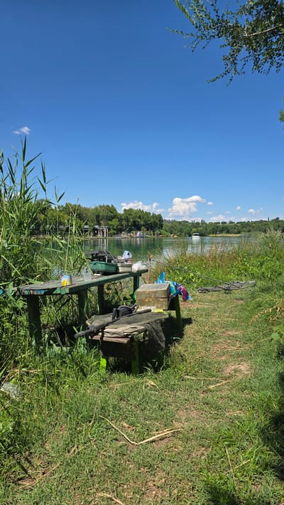 A fishing setup is arranged on a wooden table next to a body of water, likely a lake, on a sunny day in Қарабұлақ, Kazakhstan. Tall reeds and green grass dominate the foreground, with a clear blue sky overhead. The table is laden with fishing gear, including tackle boxes, nets, and what appears to be fishing rods leaning against a nearby stand. A wooden box with colorful cloths draped over it sits on the ground beside the table. In the background, across the water, are trees and structures that suggest a developed recreational area, with a white boat visible on the lake. The scene is peaceful and indicative of outdoor leisure activities.