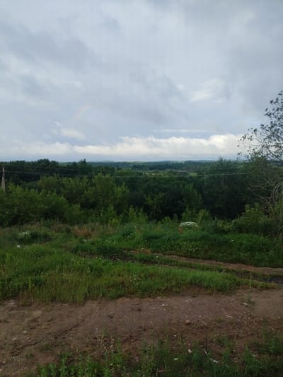 This is a full shot of a rural landscape under a cloudy sky with a faint rainbow visible. In the foreground, a dirt path with tire tracks is visible, bordered by green grass and some wild flowers. Behind the grassy area, a dense line of dark green trees stretches across the middle ground, with a few lighter green trees interspersed. Power lines and a utility pole are visible on the left side of the image, running horizontally across the treeline. In the distance, a slightly hazy, rolling landscape of green hills and trees extends to the horizon, under a pale, overcast sky. The overall scene suggests a natural, undeveloped environment in the Вароніцкі сельскі Савет region of Belarus.