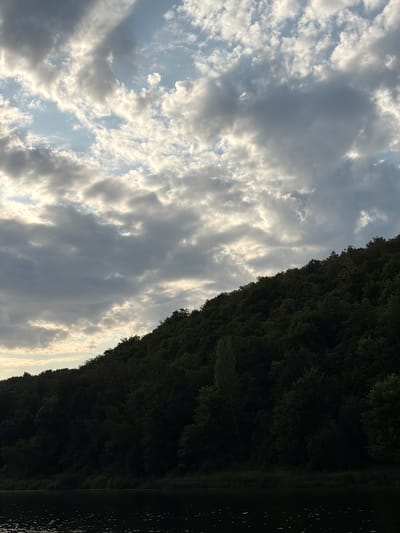 The image depicts a natural landscape with a cloudy sky and a dense forest bordering a body of water. The sky occupies the left half of the frame, filled with a mix of dark and light grey clouds, with patches of blue sky peeking through. The clouds are illuminated by sunlight, creating a dramatic effect. The right half of the image is dominated by the dark silhouette of a forest, its trees appearing thick and lush. A calm body of water runs along the bottom right edge of the image, its surface reflecting the dark trees and sky. The overall mood is serene and perhaps a bit dramatic due to the cloudy sky. The lighting suggests it might be late afternoon or early evening. There are no people or man-made objects visible in the frame, emphasizing the natural setting. The location context is Абзаново, Russia.