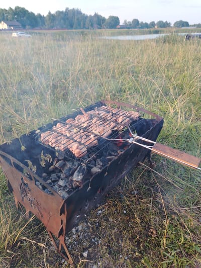 In the city of Kriukovskoe, Russia, a close-up shot captures a barbecue grill in an outdoor setting. The grill, made of dark metal with decorative cutouts, contains glowing charcoal and a rack filled with raw chicken pieces. Smoke rises from the grill, indicating that the food is cooking. The grill is placed on dry grass, with some green vegetation visible around it. In the background, a body of water, trees, and a house can be seen, suggesting a rural or suburban environment. The sky is clear and bright, indicating daytime.