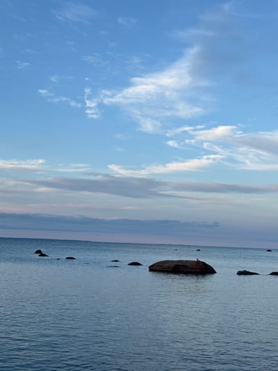The image shows a calm body of water with several large, dark rocks partially submerged. The water appears still and reflects the pale blue sky with scattered white clouds. The horizon line is clearly visible, separating the water from the sky. The overall impression is one of tranquility. This scene is located in Rohuneeme, Estonia, a coastal village known for its natural beauty. The image captures a serene moment in this seaside location.