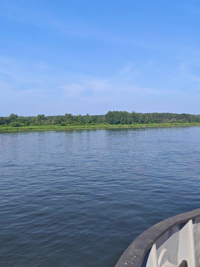 A wide, dark blue river flows towards a densely forested bank under a clear blue sky with wispy white clouds. The water is slightly rippled, suggesting a gentle current. The forest on the opposite bank is a lush green, with various shades indicating different types of trees and foliage. In the foreground, the edge of a boat is visible, with a dark grey railing and a light grey interior. The boat appears to be moving, as indicated by the perspective and the ripples in the water. The scene is peaceful and natural, likely taken from the perspective of someone on a boat on the river near Samkovo, Russia.