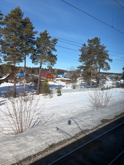 The image depicts a residential area in Пугачёво, Russia, observed from a low angle, likely a train window, looking towards a rural settlement under a clear, bright blue sky. In the immediate foreground, the dark grey ballast of a single railway track is partially visible on the bottom right, adjacent to a snow-covered embankment. The embankment, composed of melting snow and exposed dark earth, slopes upward from the track. Shadows, possibly from a utility pole or train infrastructure, are cast diagonally across the snow. Several bare, deciduous bushes with intricate branching patterns are scattered on this snow-covered slope and further into the midground.
The midground features a cluster of wooden residential houses. A corrugated galvanized metal fence runs horizontally, separating the foreground from these dwellings. Numerous tall pine trees with dark green foliage are prominent throughout the midground, interspersed among the houses. The houses exhibit varying roof colors, including bright blue and reddish-brown, and many have white-framed windows. A notable wooden house with white windows is visible on the left, and another reddish-brown wooden house is further right. Overhead utility wires traverse the sky, intersecting with the pine trees.
The background consists of additional houses and structures, appearing denser in some areas, backed by a dark, coniferous forest line that marks the horizon. No individuals or discernible actions are visible within the frame. The scene indicates a late winter or early spring setting, characterized by remaining snow cover and bare deciduous vegetation, under clear weather conditions.
