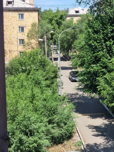 The image is a medium-shot, outdoor, daytime photograph taken from an elevated vantage point looking down onto a residential street. The scene is dominated by lush green trees and foliage that line both sides of a paved road. In the foreground, a large, dense green bush occupies the lower left portion of the frame.
To the left of the street, a multi-story, light-yellow brick building with a grey, pitched roof is visible. It has multiple windows with white frames. A lamppost with two lights stands in front of the building, partially obscured by trees.
On the right side of the street, more dense trees obscure the view of any buildings. The road itself is asphalt and appears to be a two-lane street with a clear separation between lanes indicated by a yellow line on the left side and a curb on the right.
A black sedan is parked on the right side of the road, facing away from the camera. The car has a license plate with Cyrillic characters, suggesting the location is likely in a country using the Cyrillic alphabet.
The sky is clear and blue, indicating good weather. The overall impression is a quiet, tree-lined residential street in a city, possibly in Kazakhstan given the context of Saran city administration. There are no people visible in the image. The image is sharp and well-lit, with natural shadows cast by the trees on the road.