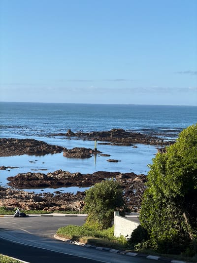 The image captures a vibrant coastal landscape under a clear, bright blue sky. A vast expanse of calm, blue-green ocean dominates the left and central parts of the frame, with the horizon line visible in the distance.
The coastline is characterized by dark, rugged rock formations that extend into the water, creating a natural, craggy shoreline. These rocks are partially submerged, forming small pools and inlets of still water that reflect the sky. In the mid-ground, a light-colored pipe, possibly yellow or light green, is visible emerging from the water amidst the rocky outcrops.
On the right side of the image, lush green foliage and trees densely line the coast. A paved road runs along the edge of this vegetation, featuring a distinct white and black striped curb. A portion of a white building with a gray roof is visible through the trees, indicating some level of human development. Near the road, several black plastic bags are noticeable on the ground.
The scene is illuminated by strong, clear sunlight, suggesting a bright day, likely morning or early afternoon. The weather appears fair with no significant cloud cover. There is no discernible human or animal activity taking place, and no visible text is present in the image. The setting is within the Overstrand Local Municipality, South Africa.