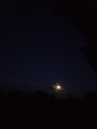 The image depicts a nighttime scene in a rural setting, likely Buraly, Russia. The sky is a deep, dark blue, with a bright full moon visible towards the center-right, partially obscured by wispy clouds. Silhouetted against the moonlight is a dark landscape, featuring the outlines of trees and what appears to be a building or several structures in the distance. The overall mood is serene and quiet, typical of a rural night. There is no visible text in the image. The time of day is clearly night, indicated by the dark sky and the presence of the moon. The weather appears clear enough for the moon to be visible, though some cloud cover is present.