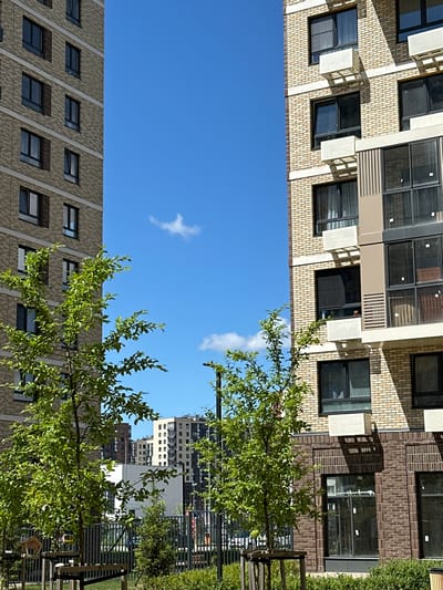 The image shows a view of modern residential buildings under a clear blue sky with scattered clouds. On the left, a tall, light-colored brick apartment building with many windows is visible. On the right, another, slightly darker brick building of similar height features a more complex facade with a mix of windows, balconies, and architectural details, including what appear to be air conditioning units. The buildings are in the city of Znamya Oktyabrya, Russia. In the foreground, lush green trees with small leaves partially obscure the view of the buildings, suggesting it is springtime or summer. Beyond the immediate buildings, further apartment blocks are visible in the distance, indicating an urban environment. A metal fence runs across the lower part of the frame, separating the foreground greenery from what might be a courtyard or playground area. The scene is bright and appears to be taken during the daytime. No people are clearly visible.