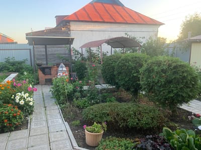 The image depicts a sunlit backyard in Yamanovo, Russia, showcasing a vibrant garden and rustic structures. A paved pathway, composed of square tiles with floral imprints, leads through the garden. On the left, a cluster of colorful dahlias and zinnias bloom in shades of orange, pink, and white. Adjacent to the flowers, a brick barbecue oven stands under a wooden shelter with a corrugated metal roof. To the right, two neatly trimmed evergreen bushes dominate the landscape. Behind them, a white building with a red-tiled roof is visible, showing signs of disrepair on its upper section. A smaller, yellow building with a gray roof is situated further in the background. The environment is lush and green, suggesting a well-maintained garden space. A wicker basket containing potted plants sits on the ground near the evergreen bushes. The sky is a clear, pale blue, indicating a pleasant day.
