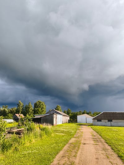 This is a vertical, eye-level, full shot of a rural landscape under a dark, stormy sky. In the foreground, a sandy dirt path leads into the frame, flanked by vibrant green grass. To the left of the path, a dense patch of green foliage and some stacked logs are visible. Beyond the grass and foliage, several farm buildings are scattered across the landscape. On the far left, a greenhouse is partially visible. Moving right, there's a rustic wooden barn with a reddish roof, followed by a longer, modern-looking metal-clad barn. On the right side of the path, a brick building with a corrugated roof and two small windows stands. A line of green trees forms a backdrop behind the buildings, and the sky above is filled with heavy, dark gray storm clouds, with lighter gray clouds visible higher up. The location is identified as Brodi, Latvia. There are no people or animals visible in the scene, and no actions or interactions are taking place.