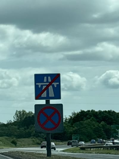 The image shows two road signs, one prohibiting vehicles carrying water-polluting substances and the other indicating "no stopping." A cloudy sky fills the background, while roadside trees and parked vehicles are visible on the right. The location appears to be near a road outside of the city of Chester, United Kingdom.