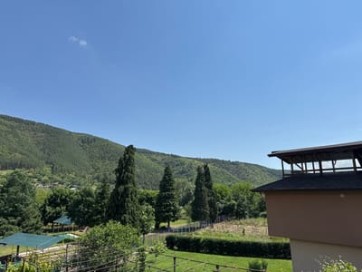 This image captures a serene, sunlit landscape in Rila, Bulgaria, viewed from a slightly elevated position. The upper half of the frame is dominated by a vast, clear blue sky, dotted with a few small, wispy white clouds, indicating fine weather.

Below the sky, rolling mountains densely covered in green coniferous forests stretch across the background, descending into a valley where hints of residential buildings, possibly part of a village, are visible amidst the trees. In the midground, several tall, slender evergreen trees, possibly cypress, stand prominently, adding vertical elements to the scene.

The foreground features a well-maintained green lawn, partially obscured by a metal trellis structure on the left. A colorful fence with yellow and blue vertical bars runs through the midground, separating the lawn from a tilled patch of earth, which appears to be a garden or young vineyard. To the lower left, two green-canopied structures, possibly for shade over outdoor seating or play equipment, are visible.

On the right side of the frame, a portion of a two-story building with a warm brown facade and a dark shingled roof is prominent. The top of this building features an open-air wooden structure, resembling a viewing deck or balcony. The bright sunlight suggests it is midday or early afternoon. No specific activity or people are depicted, and no visible text is present. The overall impression is one of peaceful natural beauty and a calm, rural setting.
