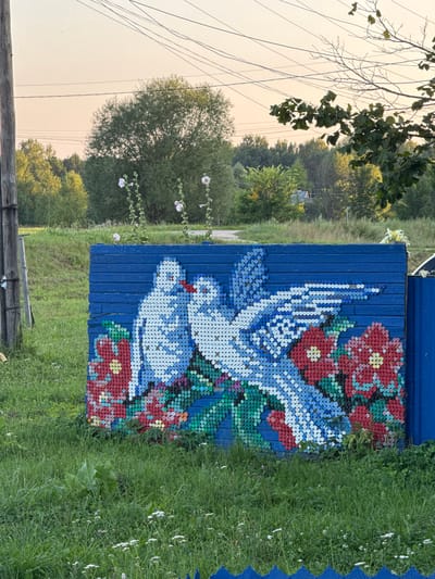 In the city of Lysaya Gora, Russia, a close-up shot captures a vibrant mosaic artwork on a weathered blue wooden fence. The mosaic, composed of numerous colorful bottle caps, depicts two white doves in mid-kiss, their bodies outlined in blue and their eyes rendered in red. They are surrounded by stylized red flowers with yellow centers and green foliage. The fence itself is constructed from horizontal wooden planks and is painted a consistent shade of bright blue. The artwork is situated outdoors, with lush green grass in the foreground dotted with small white wildflowers. In the background, trees form a dense line, and overhead, power lines crisscross against a pale, hazy sky, suggesting a late afternoon or early morning setting. A rough wooden post stands to the left of the fence, and a portion of a blue fence can be seen on the right edge of the frame.