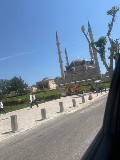 This forensic description details an exterior view of the Selimiye Mosque complex in Edirne Merkez, Turkey, captured from a tilted perspective, likely from inside a vehicle.

The prominent Selimiye Mosque dominates the background under a clear, bright blue sky with a faint contrail. The mosque is a large, light-colored stone structure featuring a central dome, several smaller domes, and four tall, slender minarets each with multiple balconies. Adjacent domed buildings, part of the mosque complex, are visible to its left and right.

In the midground, a meticulously maintained green lawn with trees and shrubs separates the mosque complex from a paved pedestrian area. On the lawn, directly in front of the mosque, are decorative displays including red banners featuring the white crescent and star emblem, arranged in a heart shape, and a large display frame. A small white umbrella shades a vendor stall or resting area, where two indistinct figures are seated or standing.

The paved pedestrian walkway, composed of light-colored pavers, extends horizontally across the midground. It is bordered by several silver-colored cylindrical bollards and one orange, roughly triangular concrete barrier. Two individuals are walking on this pavement from left to right; one man in a white t-shirt and dark trousers is clearly visible.

To the right, several heavily pruned trees with thick trunks and sparse new leaf growth partially frame the mosque. The foreground consists of an asphalt road running parallel to the pedestrian area. The far right edge of the image shows a dark, vertical element, indicating the shot was taken from within a vehicle.