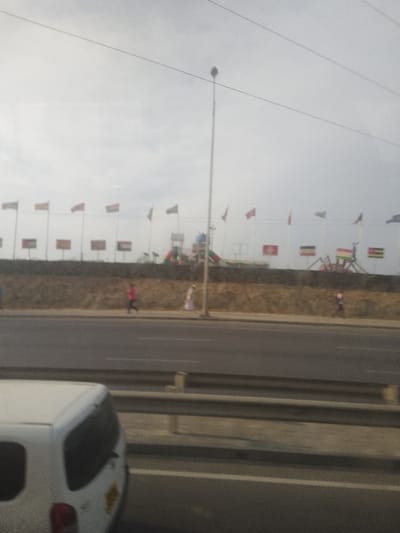 A roadside view reveals a highway with a partial view of a white van on the left. Beyond the road, a raised barrier is lined with numerous flags. A playground structure is visible amidst the flags. Pedestrians walk along the roadside. A tall light pole stands out against a cloudy sky with electrical wires crossing the scene.