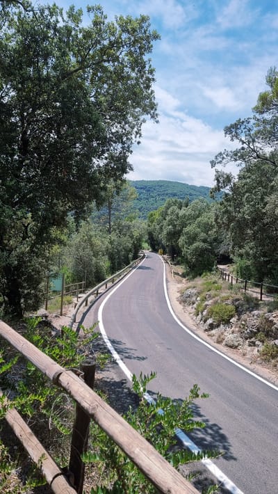 The image depicts a winding asphalt road with white lane markings, curving through a forested hillside. The road is bordered by a wooden guardrail and lush green vegetation. In the distance, rolling hills covered in dense trees are visible under a partly cloudy blue sky. The scene suggests a rural or natural setting. The location is identified as Tortellà, Spain. There are no people or animals visible in the image. The overall atmosphere is serene and natural.
