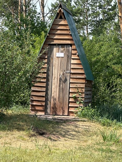 A rustic, A-frame wooden outhouse with a green corrugated metal roof stands in a clearing surrounded by dense green foliage and trees. The outhouse has a single wooden door with a simple metal latch and a small white sign attached to it. The structure is weathered, with visible wood grain and some vine growth creeping up its side. The ground in front of the outhouse is covered in dry grass and a small dark hole is visible in the ground. The scene is set in a natural, wooded environment, likely in the city of Zhemchuzhny, Russia.