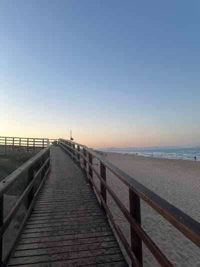 Captured at Guardamar del Segura, Spain, the image shows a wooden boardwalk extending from the foreground to the beach. The boardwalk is constructed with railings on both sides. The beach runs horizontally across the frame, with the ocean visible beyond the sand. A few indistinct figures are on the beach. Above, a clear blue sky is present, subtly transitioning to a lighter hue near the horizon. A contrail marks the sky.