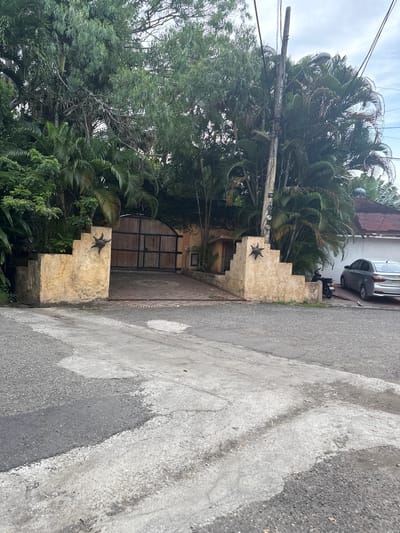 The image shows a gated entrance in Cabarete, Dominican Republic. The gate is wooden with a dark metal frame, flanked by short, stepped concrete walls adorned with star-shaped ornaments. Lush tropical vegetation surrounds the entrance. The street is paved, showing signs of wear and repair. A utility pole with wires is visible to the left. A building and a car are partially visible in the background.