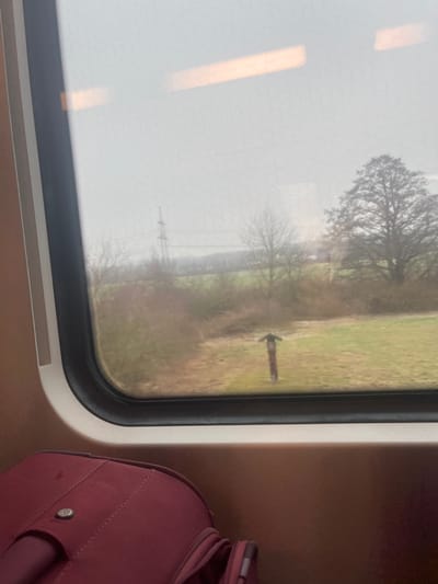 The image captures a view from inside a train, looking out a window that occupies the left portion of the frame. The window is rectangular with rounded corners, featuring a black inner seal and a white outer frame. Reflections of the train's interior lights appear as two vertical, light-orange streaks on the left side of the window, against a hazy, light-gray background that exhibits a faint, textured pattern, possibly from a window film.
Through the right side of the window, a rural landscape is visible under what appears to be an overcast sky, casting a diffused light. The ground outside consists of green and brown grassy areas and dirt paths, suggesting countryside scenery. Several deciduous trees, mostly bare of leaves, are scattered across the landscape, indicating either winter or early spring. A larger, more mature tree stands prominently towards the upper right of the exterior view, with a smaller tree below it. A small, dark-colored post with a black arrow pointing to the left is discernible on the ground in the mid-right area of the outdoor scene, likely serving as a trail or path marker. Faintly in the distance, through the atmospheric haze, power lines or similar infrastructure can be seen.
To the far right of the overall image, beyond the window and the train's interior wall, a section of a maroon-colored piece of luggage, possibly a suitcase or travel bag, is partially visible. The scene depicts a moment of travel by train through the countryside, specifically near Oberhaid, Germany, during the daytime under muted, overcast weather conditions. No discernible text is visible, only the directional arrow symbol.