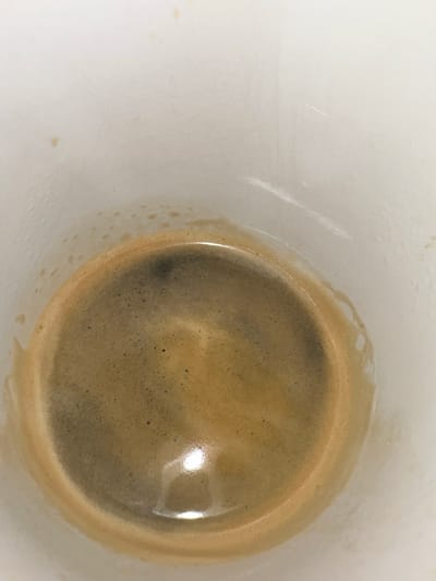 A close-up, top-down view captures the interior of a white or light-colored ceramic cup holding a coffee drink, likely an espresso. The coffee is characterized by a thick, golden-brown crema layer covering its entire surface, with numerous tiny bubbles visible within it. The darker liquid of the coffee is partially discernible beneath the crema.
A distinct, bright reflection on the coffee's surface suggests an overhead light source. The coffee itself fills the lower and right portions of the visible cup interior. The upper left section of the image showcases the white inner wall of the cup, which exhibits some minor details. These include a faint, thin scratch or scuff mark towards the upper left, as well as subtle water marks or residue along the rim just above the coffee line. A few small, light brown specks are also visible on the cup's interior wall.
The image focuses solely on the beverage and its container. There are no people, explicit location cues (beyond the provided context of Fulda, Germany), or visible text. The setting appears to be indoors.