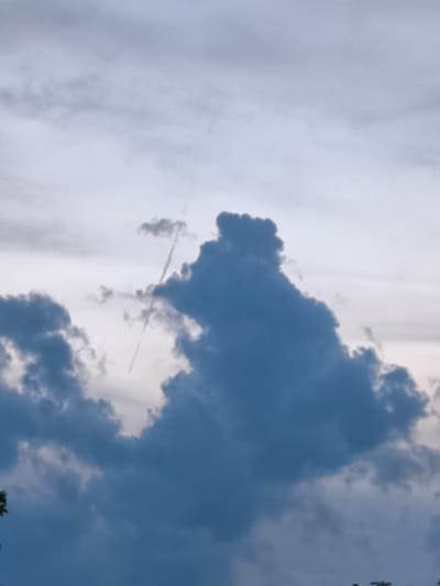 The image shows a view of a sky with clouds. A large, dark blue cloud dominates the center of the frame, with lighter, white clouds scattered around it. There is a faint contrail or smoke plume extending diagonally across the upper portion of the image, passing through the large cloud. The bottom edge of the image shows a sliver of dark green foliage, suggesting trees or other vegetation. The overall lighting suggests it is daytime, possibly late afternoon or early evening due to the gray tones of the sky and clouds. There are no people, buildings, or identifiable landmarks visible that would indicate the specific location in Dillingen an der Donau, Germany, other than what is presumed to be vegetation at the bottom.