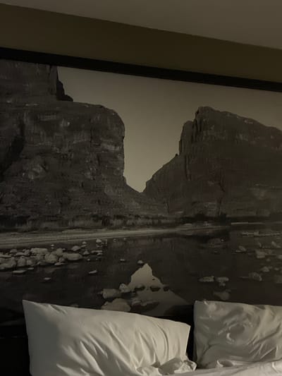 A black and white photograph depicts a landscape mural on a wall, featuring a wide river or canyon with steep rock formations on either side. The rocks are textured and appear weathered, with visible layers and crevices. The water in the foreground reflects the imposing cliffs, creating a symmetrical visual effect. Scattered rocks and pebbles line the riverbank. Below the mural, two white pillows are visible, positioned on a bed. The pillows are plump and covered in white linen. The overall impression is one of a serene, natural landscape contrasted with the domestic comfort of a bedroom. The location is identified as Dallas, United States of America.