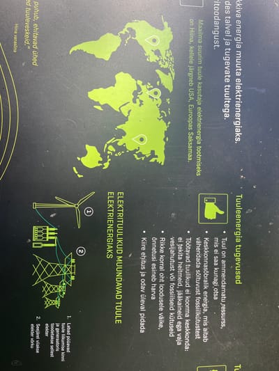 This image is a photograph of a display panel or information board, likely in an outdoor setting given the naturalistic background and potential for public viewing. The primary subject is an educational exhibit about wind energy. The display features a world map in green, highlighting China, the USA, and Germany as major wind energy users.
To the right of the map, there is text in Estonian titled "Tuuleenergia tugevused" (Strengths of Wind Energy), listing several bullet points about the benefits of wind power, such as it being an inexhaustible resource, environmentally friendly, and quick to build. A green thumbs-up icon is also present next to this section, reinforcing the positive aspects.
Further to the right, there's a section with the heading "ELEKTRITUULIKUD MUUNDAVAD TUULE ELEKTRIENERGIAKS" (Wind Turbines Convert Wind to Electricity). This section includes a simplified diagram illustrating the process: a wind turbine (labeled with '1') connected to a transformer and then to power lines (labeled with '2'). Accompanying text explains how the wind turbine's blades capture wind motion, a generator produces electricity, and this electricity is then fed into the grid.
At the bottom left, there's a fragment of text that appears to be a proverb or saying: "puhub, ehitavad ühed...ed tuuleveskeid." (blows, some build... windmills). This is attributed to "Hiina vanasõna" (Chinese proverb).
The overall tone of the display is informative and promotional, aiming to educate viewers about the advantages and mechanics of wind energy. The lighting suggests it's daytime, and no specific weather conditions are evident beyond the subject matter of wind. The location context provided (Toila, Estonia) implies this is likely a public space, possibly a park, educational center, or near a wind farm, designed for public engagement with renewable energy topics.