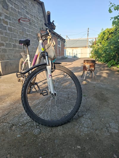 A bicycle is parked on a concrete surface in front of a brick wall. The bicycle is white with purple accents. A small bag is hanging from the handlebars. In the background, there is a metal grill, a white fence, and some greenery. The sky is clear and blue. The scene appears to be a backyard or courtyard.
