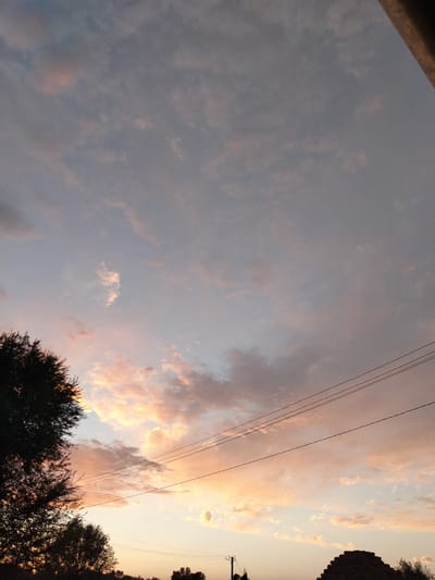 The image captures a serene sunset over a rural landscape in Октябрьское, Kyrgyzstan. The sky is filled with a blend of pale blue and soft pink hues, with scattered clouds reflecting the warm colors of the setting sun. Delicate wisps of clouds are visible against the darkening sky, with some areas illuminated by a warm, golden light.
In the foreground on the left, the silhouette of a large tree with dense foliage is visible, its dark outline contrasting with the bright sky. Further to the right, a few smaller trees and hints of vegetation create a natural horizon line. A series of power lines stretch across the middle ground of the image, adding a touch of human infrastructure to the otherwise natural scene.
On the far right, a large, dark, haystack-like structure is prominent, its textured surface suggesting a rural setting. The overall impression is one of peacefulness and the quiet beauty of a day drawing to a close in a rural area. The time of day is clearly sunset due to the warm, diffused light and the colors in the sky. The weather appears calm, with no indication of harsh conditions. There is no visible text in the image.
