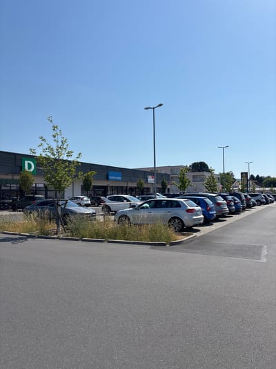 The image shows a parking lot adjacent to a row of shops. The parking lot is filled with cars, and there is a paved road running alongside it. The scene is captured from a slightly elevated perspective, looking down the row of parked vehicles.
The subjects in the image are primarily the cars, which are parked in an orderly fashion. There are no people visible in the parking lot. The buildings on the other side of the parking lot appear to be commercial establishments, with some signs visible. A large green sign with a white "D" is prominently displayed on one of the buildings, suggesting it might be a discount store. Another sign reads "mister lady."
The setting is an outdoor parking lot on a sunny day. The sky is clear and blue, indicating fair weather. The time of day appears to be daytime, likely late morning or afternoon, given the bright sunlight and the shadows cast by the cars and trees. The presence of cars suggests a shopping area or a retail complex. The location context is Elsenfeld, Germany, which aligns with the architecture and the presence of European car models.
Notable details include the presence of streetlights in the parking lot, and some greenery, including trees and overgrown grass, along the edge of the parking lot and between the parking spaces. The overall impression is one of a typical commercial area on a pleasant day.