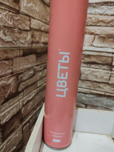 A pink spray can with Cyrillic text is placed in a white cardboard box. The text on the can reads "ЦВЕТЫ" (Flowers) vertically in a large, light blue font, with a small asterisk above it. Below this, in smaller white text, it says "Освежитель воздуха" (Air freshener) and "400 мл" (400 ml). The background consists of a textured wall resembling brown bricks. The overall scene appears to be an indoor setting, possibly a home or store, in the city of Zhabinka, Belarus.