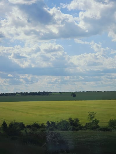 The image depicts a landscape in Vaglen, Bulgaria. The left side of the image is dominated by a sky filled with white, puffy clouds against a blue backdrop. The right side of the image features a green field. A thin line of trees separates the sky and field. The field extends into a darker green area with trees and some obscured elements. The image orientation is vertical.