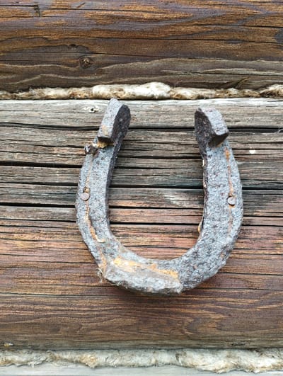 A rusty horseshoe is nailed to a weathered wooden wall. The wall is constructed of horizontal wooden planks, with some visible gaps and fuzzy material between them. The horseshoe is U-shaped and appears to be made of iron. It has been fastened to the wall with at least two nails. The image is a close-up shot, focusing on the horseshoe and the texture of the wood. The scene is likely outdoors, given the weathered appearance of the materials. The location of Ширяево (ильинский), Russia, suggests a rural or historical setting.