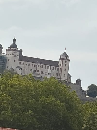 The image shows a historical castle, likely the Marienberg Fortress, situated on a hill overlooking a cityscape that is obscured by trees. The castle is a large, imposing structure with multiple towers and buildings made of light-colored stone. The main section of the castle appears to be a long, rectangular building with a dark, sloped roof. Several smaller, rounded structures and turrets are visible along the ramparts. A prominent, tall tower with a pointed roof stands out on the right side of the castle, topped with a golden orb or finial. The sky is overcast with a light, hazy quality. In the foreground, a dense canopy of green trees partially obscures the view of the castle, suggesting the photograph was taken from a lower elevation within the city of Würzburg, Germany. The overall impression is one of a grand, ancient fortress set against a backdrop of lush greenery and a subdued sky.