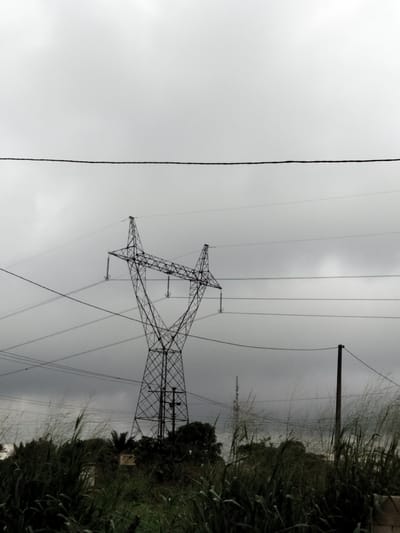 The image presents a high-voltage electricity transmission tower, characteristic of infrastructure found in areas such as Udi, Nigeria. The tower's steel lattice structure is silhouetted against an overcast sky. Electrical transmission lines are strung from the tower. In the foreground, vegetation including tall grasses and shrubs obscures the base of the tower. Another tower and a pole are in the background.