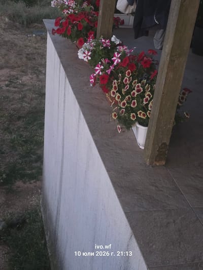 This is a high-angle, medium shot photograph of several potted plants with red and white petunias, and other flowers with yellow and dark red centers, arranged along a ledge. The ledge is made of grey stone tiles and has a textured, white concrete wall running alongside it. In the background, there are two wooden posts that appear to be part of a structure, and behind those, some dark fabric is visible, possibly clothing hanging. To the left of the ledge, there is an area of dry, brown grass with some sparse green vegetation. The lighting suggests it is late afternoon or early evening. The text overlay indicates the image was taken on July 10, 2026, at 21:13. The provided crops do not offer any additional visual information that changes the interpretation of the main image or its location in Chal, Bulgaria, as no such location is identifiable from the visual content itself.