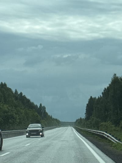 The image shows a highway with two lanes of traffic, separated by a white line. The road is wet, suggesting it has recently rained or is raining. There are trees lining both sides of the highway, forming a dense forest. The sky is overcast and appears to be a dark, stormy gray.
In the foreground, a black car is visible in the right lane, heading away from the viewer. Its headlights are on, and it appears to be the only car in the immediate vicinity. Another car, partially visible on the left, is also heading away from the viewer.
The overall impression is one of a slightly gloomy and wet day on a rural highway, possibly in the region of Deevo, Russia, given the vegetation and road characteristics.