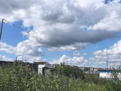 The image shows a scene with tall green reeds in the foreground, partially obscuring a white truck cab with a white spoiler and a dark blue trailer. In the background, there is a city skyline with multiple apartment buildings, some of which are light-colored and appear to be constructed from concrete. Utility poles and overhead wires are visible against a sky with scattered white and gray clouds. The setting appears to be an industrial or semi-urban area on the outskirts of the city of Raskovo, Russia. There are no people or animals visible in the image.