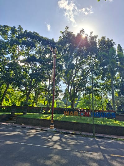The image shows a street scene in Banjarangkan, Indonesia. In the foreground, there is a paved road with a white line. The road is partially shaded by trees. In the background, there is a grassy area with a stone wall. Behind the wall, there are large trees, palm trees, and some plants. A decorative lamppost stands in front of the trees. There is also a colorful sign that reads "WAR ON DRUGS" with a circular logo in the middle. The sun is shining brightly from behind the trees, creating lens flare and casting shadows on the road. The sky is blue with some white clouds. There are no people visible in the image.