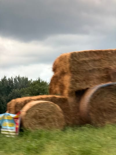 The image depicts a blurred outdoor scene featuring several large hay bales in a field. The hay bales appear to be arranged in a way that suggests they might be part of a decoration or display, possibly for an event. In the background, a line of green trees is visible against a cloudy, gray sky. In the lower left corner, a colorful object, possibly a sign or banner with blue, yellow, and red elements, is partially visible, also blurred by motion. The overall impression is one of movement, perhaps captured from a moving vehicle. The location is identified as Eteaux, France.