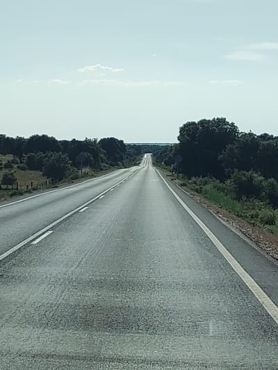 The image depicts a straight, paved road receding into the distance, flanked by dense vegetation and trees on either side. The road has a white line marking its edge on the right and double white lines indicating lanes on the left. The sky is clear with a few scattered clouds. The scene appears to be a rural or semi-rural area, possibly a highway. The location is identified as Porteros, Spain. There are no people or vehicles visible in the image. The environment suggests a sunny day.