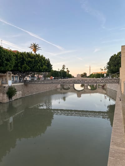 The image depicts a canal in Rojales, Spain. The water reflects a bridge with multiple arches and a metal framework. Trees and buildings line the canal banks. The sky is light blue with some clouds. A palm tree stands among the other vegetation. The image appears to be taken in the late afternoon or early evening due to the soft lighting.