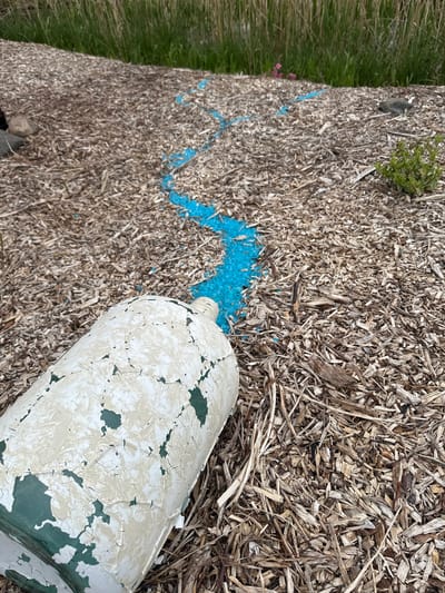 The image shows a ground covered in light brown wood mulch. A trail of bright blue granules extends across the mulch, appearing to originate from a white, cylindrical container with flaking, peeling paint. The paint is white with patches of green underneath. The container lies on its side, near the edge of the mulched area. To the left of the mulched area is a section of green grass. There is a small green plant growing in the mulch further away from the container. The location is Vaibla, Estonia. No people are visible.