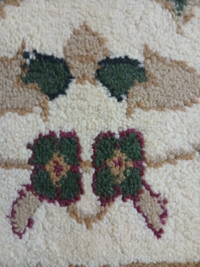The image shows a close-up of a carpet with a floral pattern. The carpet is predominantly cream-colored with interwoven patterns of green, brown, and a deep red/maroon. The floral motifs appear to be stylized leaves and possibly flower centers. The texture of the carpet is plush and appears to be made of thick yarn. There are no people or any identifiable urban elements. The location of Zhosaly, Kazakhstan, is not discernible from the image itself.