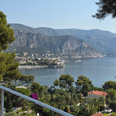 This is a scenic, high-angle photograph capturing a coastal view of Saint-Jean-Cap-Ferrat, France. The image is oriented vertically, with the sea on the right and a steep, rocky mountainside on the left. In the foreground, lush green trees and some palm trees frame the scene, with a white railing visible at the bottom, suggesting the viewpoint is from a balcony or terrace.

The middle ground features a picturesque town nestled along the coastline, with a concentration of buildings featuring red-tiled roofs. A prominent white building, possibly a hotel or resort, is situated at the edge of the water, with boats docked in a marina in front of it. Further along the coast, a long stretch of road is visible, lined with parked cars. The sea itself is a calm, deep blue, reflecting the clear sky.

In the background, the rugged mountains rise steeply, sparsely covered with vegetation. The overall impression is one of a serene, sun-drenched day, likely in the late morning or early afternoon given the bright sunlight and clear sky. The location is clearly a popular and affluent tourist destination, with its beautiful coastline, charming architecture, and abundant greenery. There is no visible text in the image.