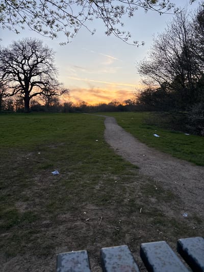 The image depicts a path in a park during sunset, located in Broxbourne, United Kingdom. The path extends diagonally from the lower right to the upper left of the frame, appearing to be made of dirt or gravel. Grass surrounds the path, with litter scattered across the grass and the path itself. Trees are visible on both sides of the path, silhouetted against the sky. The sky is a mix of pale blue and orange hues due to the setting sun. The edge of a metal bench is visible on the right side of the image.