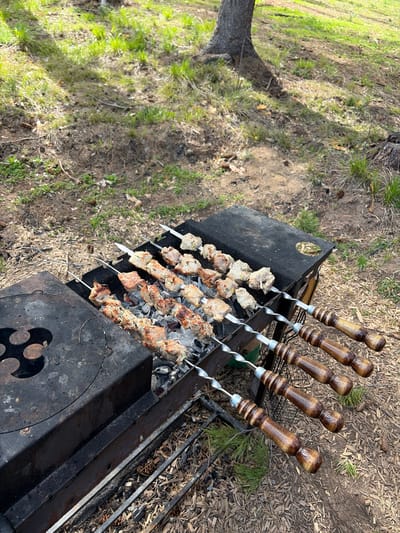 An outdoor, high-angle shot captures skewers of meat grilling over hot coals in a black metal charcoal grill (mangal). Eight skewers are visible, each laden with pieces of marinated meat, some already browned and cooked, while others appear lighter and still cooking. The skewers feature distinctive wooden, carved handles, and metallic twisted shafts. The mangal is a rectangular, open-top grill with glowing charcoal visible beneath the meat. On the bottom right of the grill, a circular plate with decorative cut-out shapes is part of its design.
The setting is a natural, outdoor environment, characteristic of a clearing, backyard, or picnic area in Мишкино, Russia. The ground is a mix of sparse green grass, dry dirt, and scattered pine needles and wood chips, suggesting a natural, possibly wooded, area. A tree trunk is partially visible on the far left. Strong, bright sunlight illuminates the scene, casting distinct shadows and indicating a clear day, likely midday or early afternoon. The image depicts the activity of outdoor cooking, specifically preparing shashlik (grilled skewered meat). No people are visible, but the scene conveys a sense of anticipation for a meal. There is no visible text in the image.