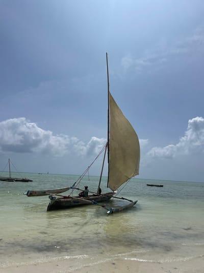 A traditional dhow sailboat rests in shallow, clear water along a white sandy beach under a partly cloudy sky. The boat features a large, triangular sail and outrigger floats. Another similar boat is partially visible in the water behind. A person sits within the main hull of the dhow. The scene evokes a sense of tranquility and highlights coastal seafaring.
