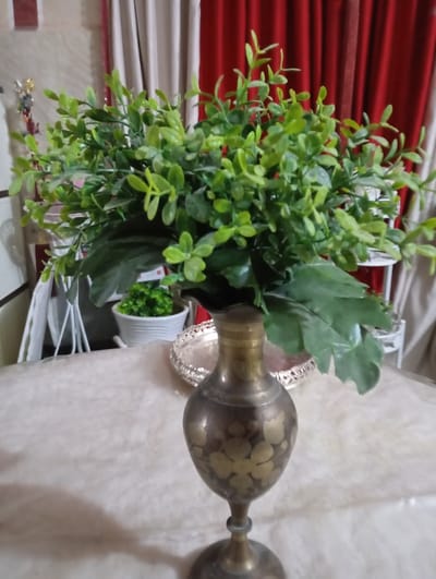The image presents an indoor still life, focusing on a tall, slender brass vase holding an arrangement of artificial green foliage. The brass vase, the primary subject, has a bulbous body adorned with intricate gold-colored floral or leaf patterns etched into its dark, aged surface, and a flared neck. It stands on a circular base, positioned on a light-colored, possibly textured, tablecloth or fabric.
The foliage in the vase is dense and bushy, composed of numerous small, bright green artificial leaves, with some larger, darker green leaves also visible near the vase's neck.
In the blurred background, red curtains are prominent on the right, with cream or beige curtains visible behind them on the left. Other background elements include a smaller white potted plant with similar artificial greenery and a round silver tray featuring a decorative, possibly filigree, edge.
The scene depicts a static decorative display within a domestic interior. No activity is taking place, and no specific emotions are conveyed. The lighting appears soft, suggesting an indoor setting, likely during daytime. No text is visible on any of the objects. While no explicit geographical markers are visible in the image, the provided context places the scene in Nasiriyah, Iraq.